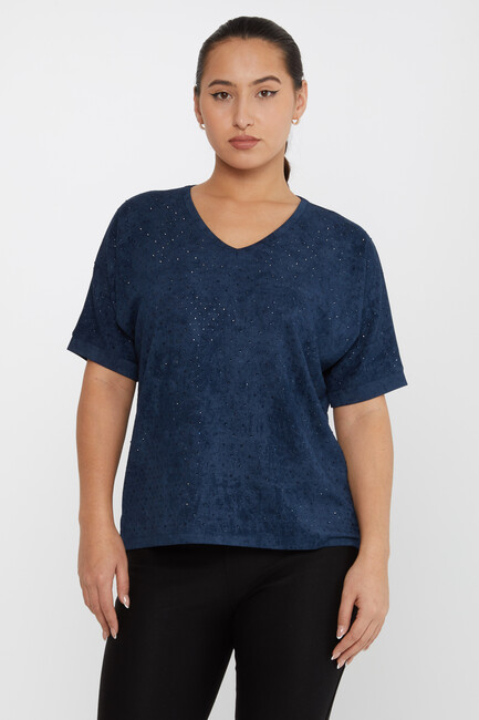 Women's Blouse Stone Detailed Short Sleeve Navy Blue - 79985 | KAZEE - Thumbnail