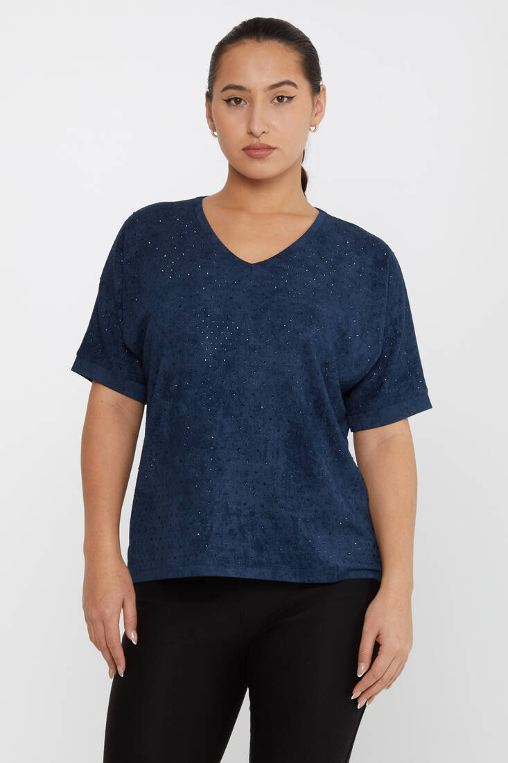 Women's Blouse Stone Detailed Short Sleeve Navy Blue - 79985 | KAZEE