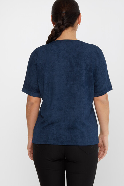 Women's Blouse Stone Detailed Short Sleeve Navy Blue - 79985 | KAZEE - Thumbnail