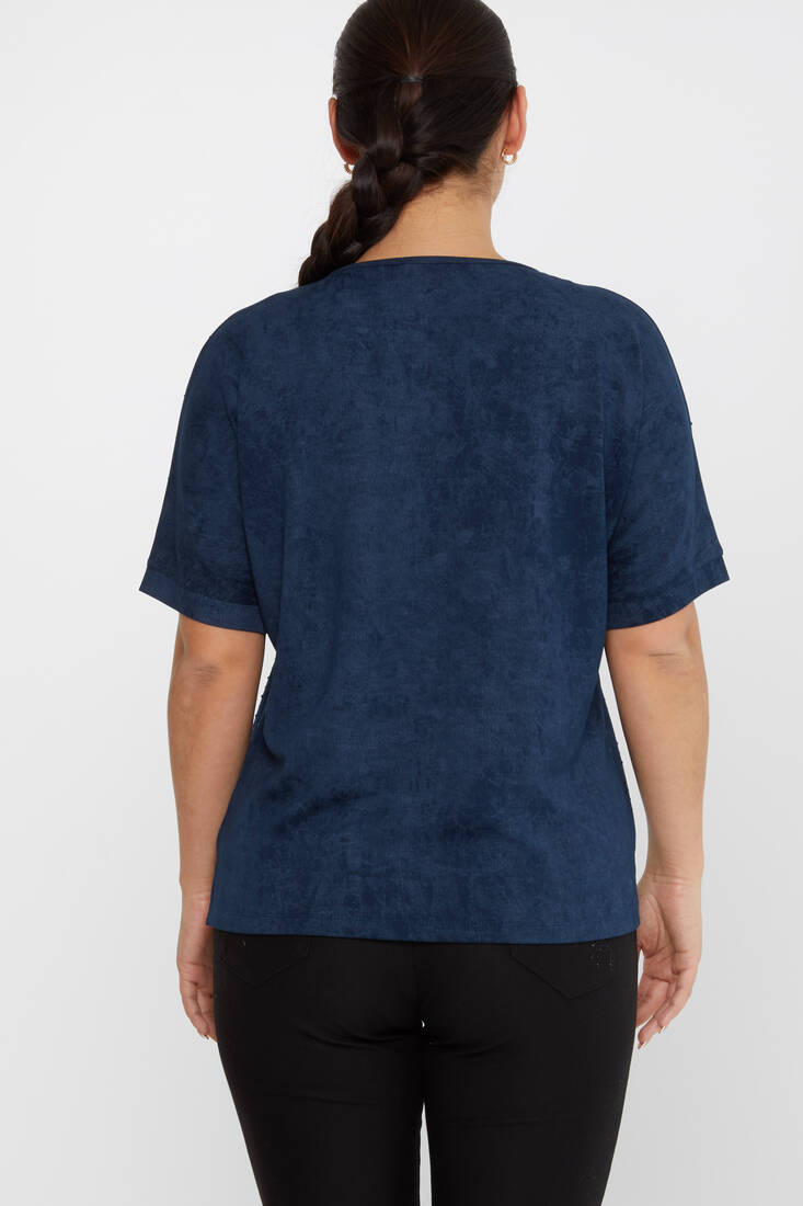 Women's Blouse Stone Detailed Short Sleeve Navy Blue - 79985 | KAZEE