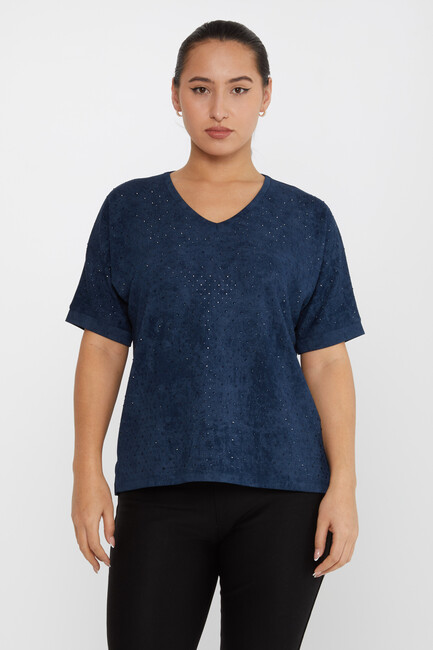 Women's Blouse Stone Detailed Short Sleeve Navy Blue - 79985 | KAZEE - Thumbnail