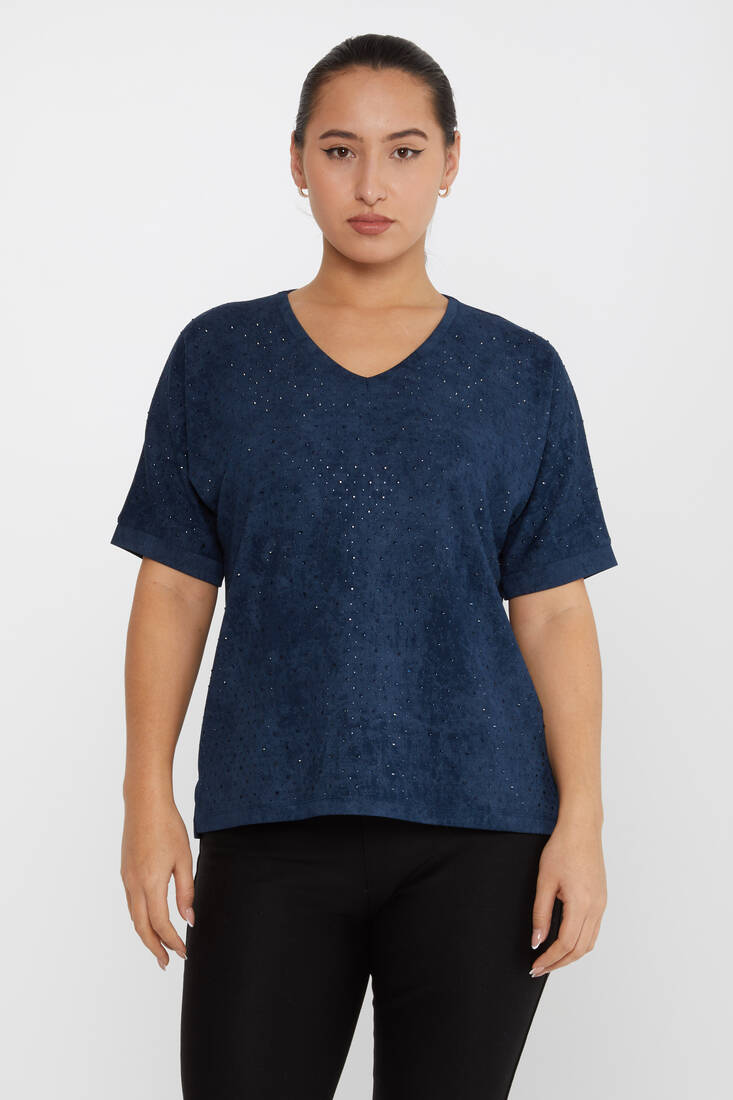 Women's Blouse Stone Detailed Short Sleeve Navy Blue - 79985 | KAZEE