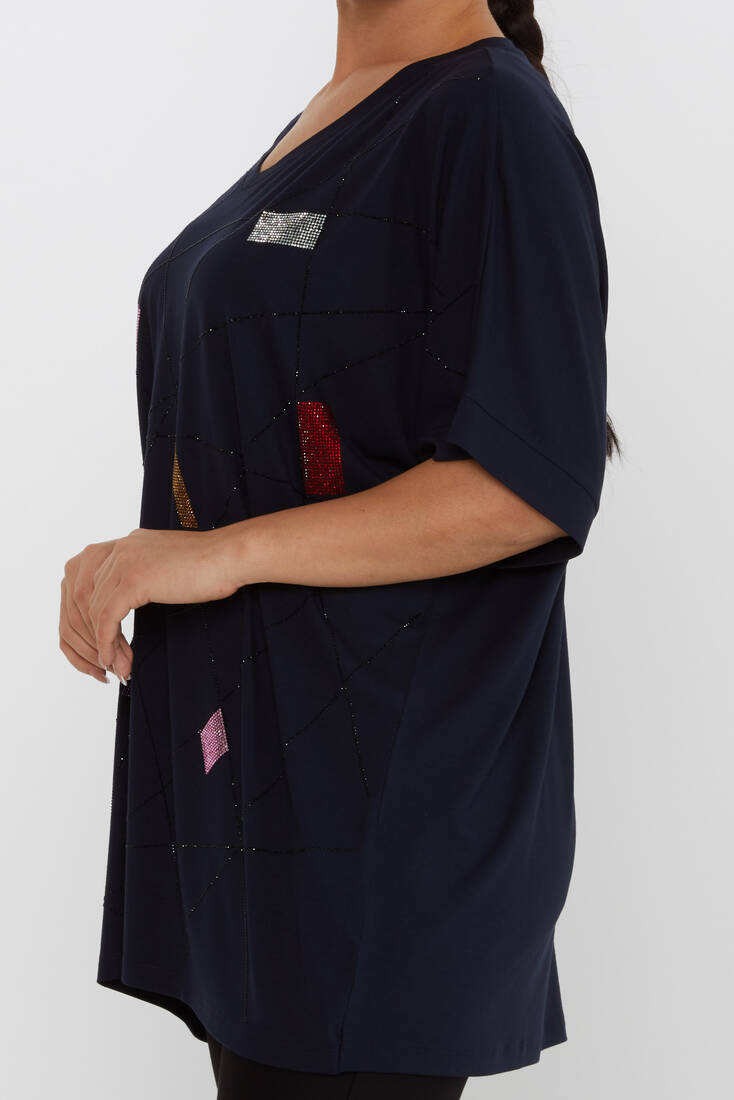 Women's Blouse Stone Detailed V-Neck Navy Blue - 80110 | KAZEE