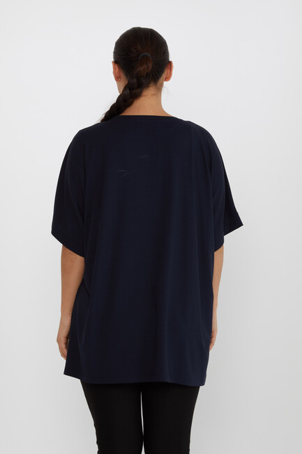 Women's Blouse Stone Detailed V-Neck Navy Blue - 80110 | KAZEE - Thumbnail