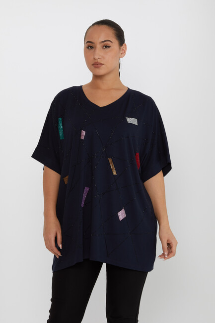 Women's Blouse Stone Detailed V-Neck Navy Blue - 80110 | KAZEE - Thumbnail