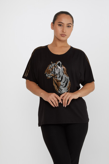 Women's Blouse Tiger Stone Detailed Crew Neck Black - 79674 | KAZEE - Thumbnail