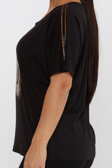 Women's Blouse Tiger Stone Detailed Crew Neck Black - 79674 | KAZEE - Thumbnail