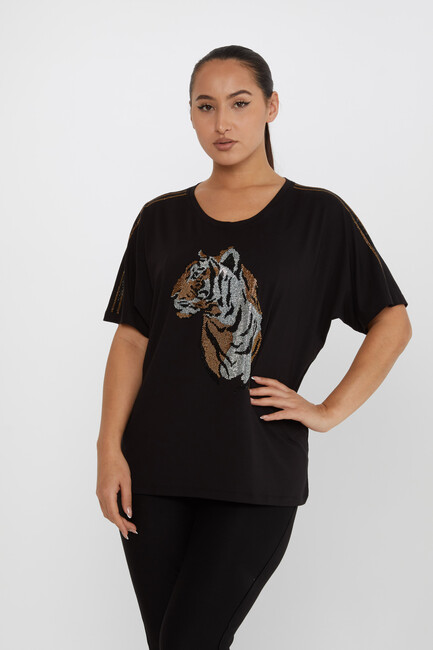 Women's Blouse Tiger Stone Detailed Crew Neck Black - 79674 | KAZEE - Thumbnail