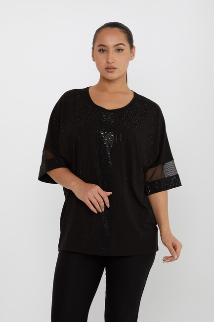 Women's Blouse Tulle Detailed Stone Embroidered Black - 79884 | KAZEE - Thumbnail