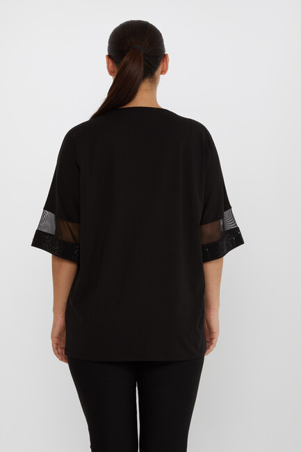 Women's Blouse Tulle Detailed Stone Embroidered Black - 79884 | KAZEE - Thumbnail