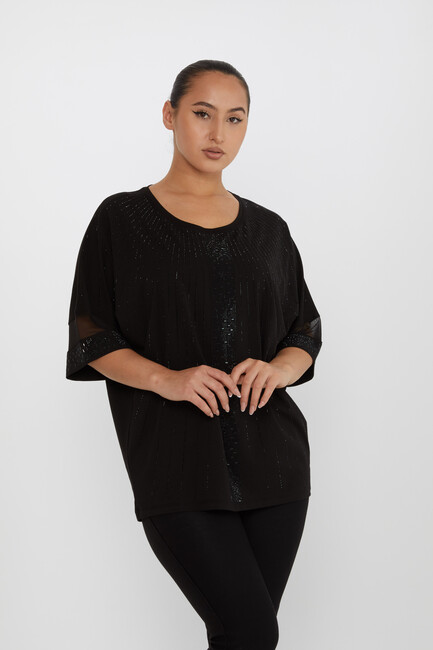 Women's Blouse Tulle Detailed Stone Embroidered Black - 79884 | KAZEE - Thumbnail