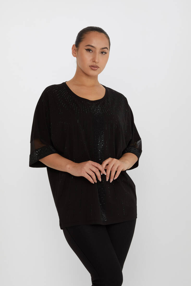 Women's Blouse Tulle Detailed Stone Embroidered Black - 79884 | KAZEE