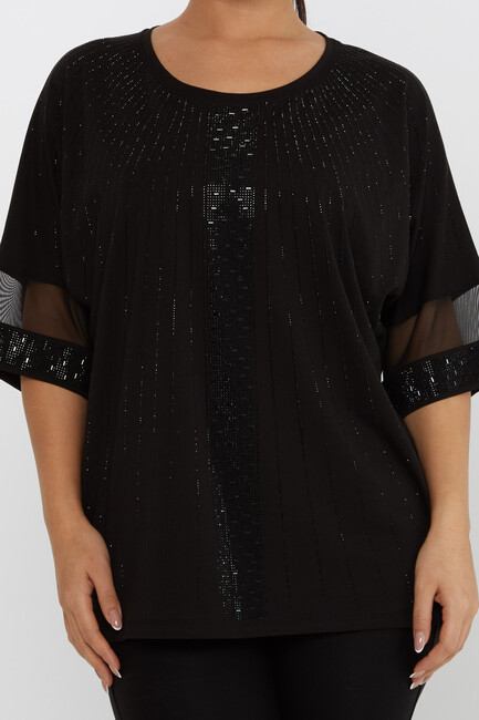 Women's Blouse Tulle Detailed Stone Embroidered Black - 79884 | KAZEE - Thumbnail