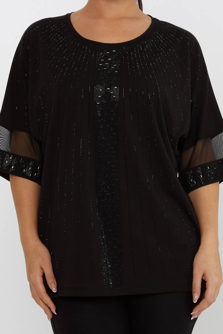 Women's Blouse Tulle Detailed Stone Embroidered Black - 79884 | KAZEE