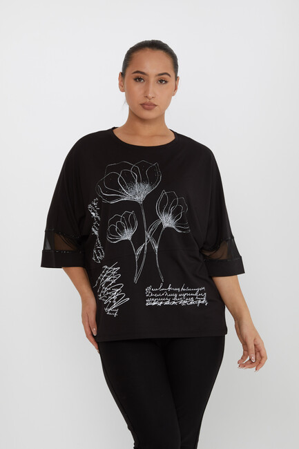 Women's Blouse Tulle Detailed Stoned Black - 80112 | KAZEE - Thumbnail