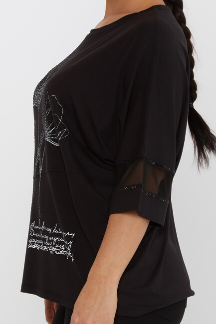 Women's Blouse Tulle Detailed Stoned Black - 80112 | KAZEE - Thumbnail