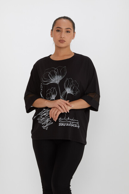 Women's Blouse Tulle Detailed Stoned Black - 80112 | KAZEE - Thumbnail