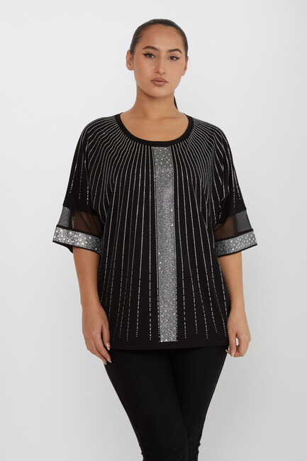 Women's Blouse Tulle Detailed Stone Embroidered Black-Ecru - 79884 | KAZEE - Thumbnail