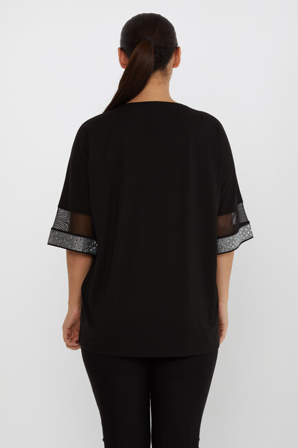 Women's Blouse Tulle Detailed Stone Embroidered Black-Ecru - 79884 | KAZEE - Thumbnail