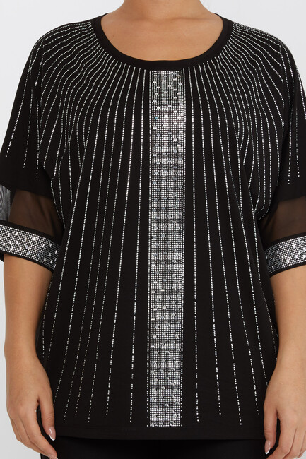 Women's Blouse Tulle Detailed Stone Embroidered Black-Ecru - 79884 | KAZEE - Thumbnail