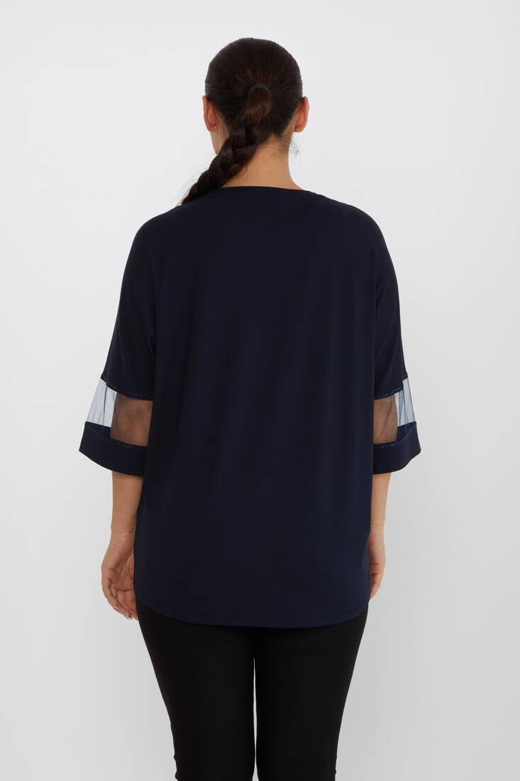 Women's Blouse Tulle Detailed Stone Navy Blue - 80112 | KAZEE