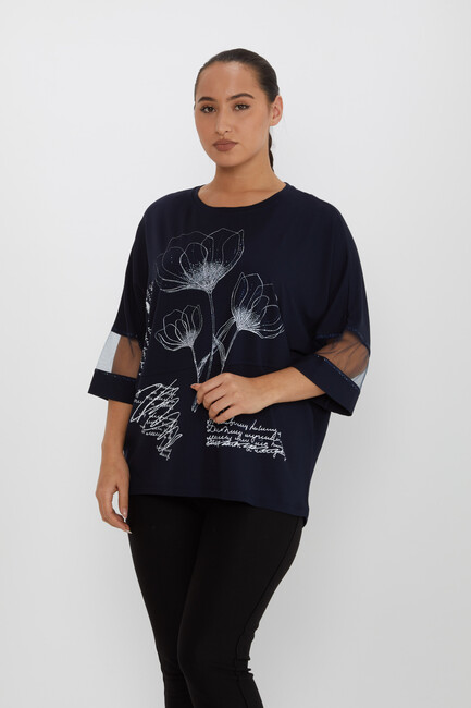 Women's Blouse Tulle Detailed Stone Navy Blue - 80112 | KAZEE - Thumbnail