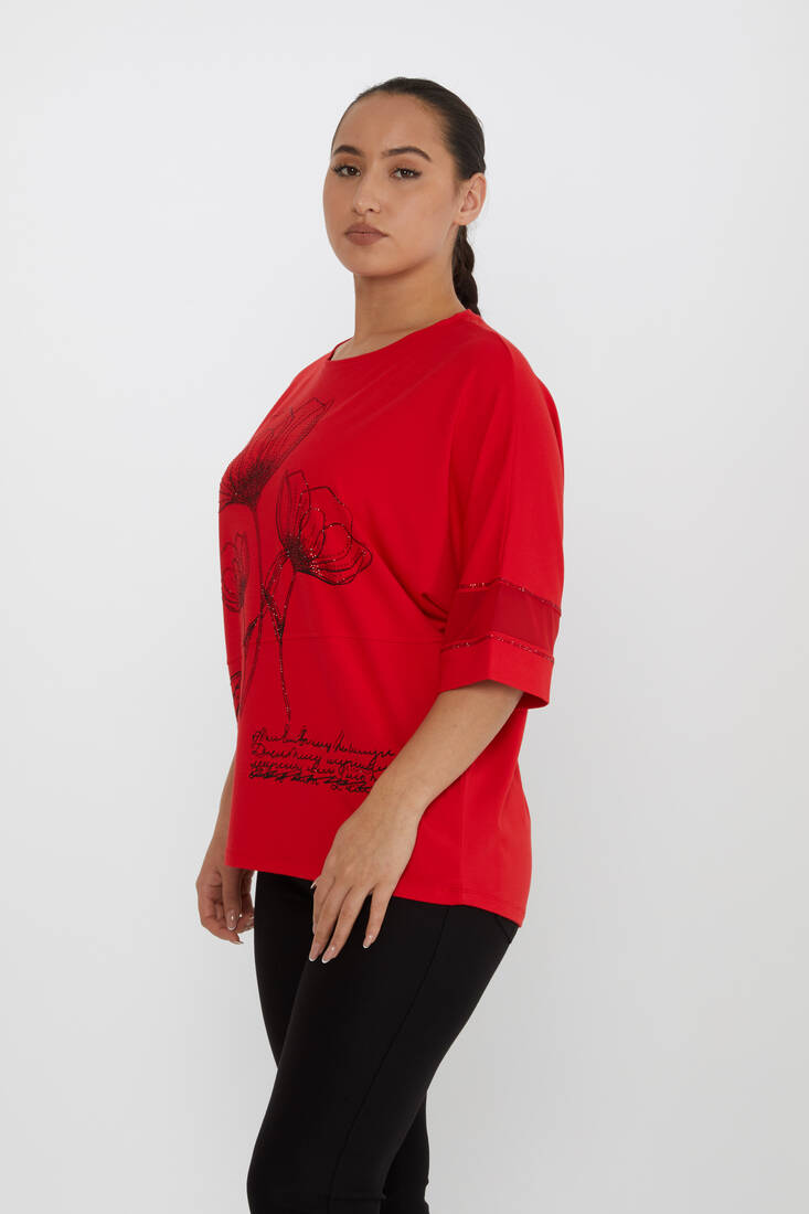 Women's Blouse Tulle Detail Stoned Red - 80112 | KAZEE