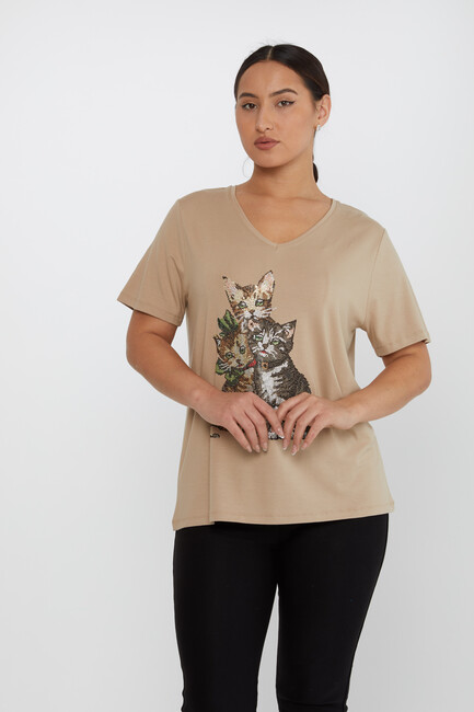 Women's Blouse V-Neck Cat Patterned Stoned Beige - 80103 | KAZEE - Thumbnail