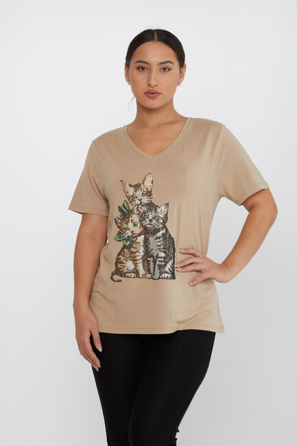 Women's Blouse V-Neck Cat Patterned Stoned Beige - 80103 | KAZEE - Thumbnail