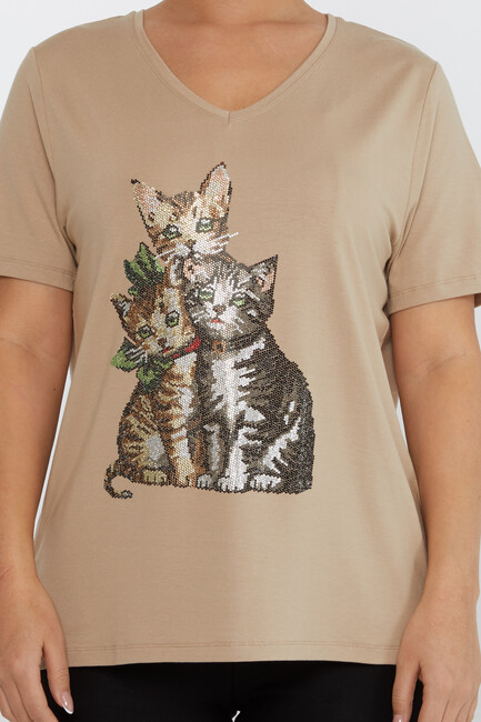 Women's Blouse V-Neck Cat Patterned Stoned Beige - 80103 | KAZEE - Thumbnail