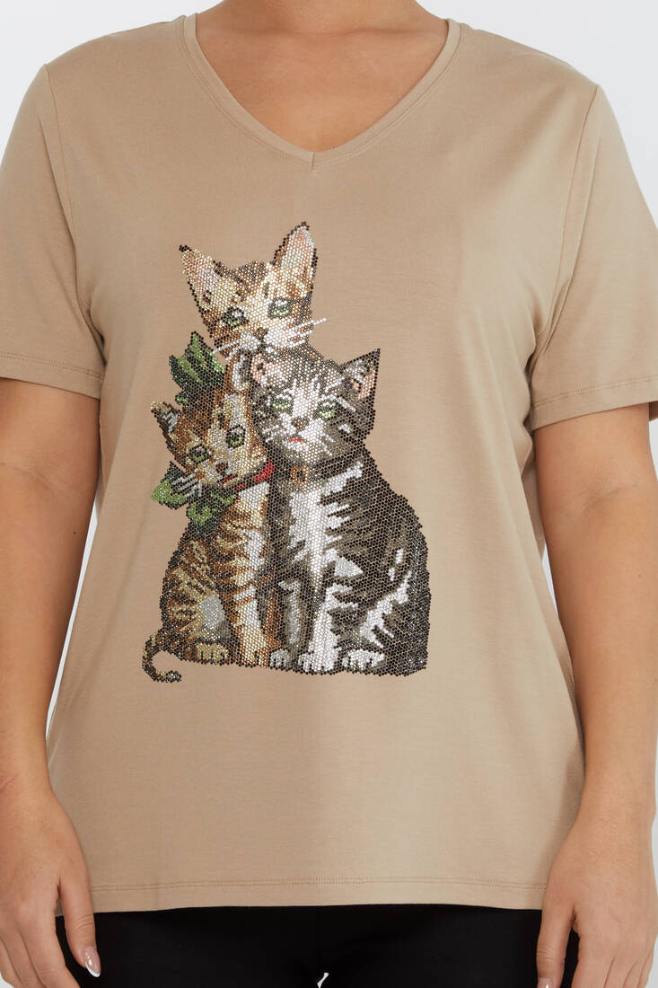 Women's Blouse V-Neck Cat Patterned Stoned Beige - 80103 | KAZEE