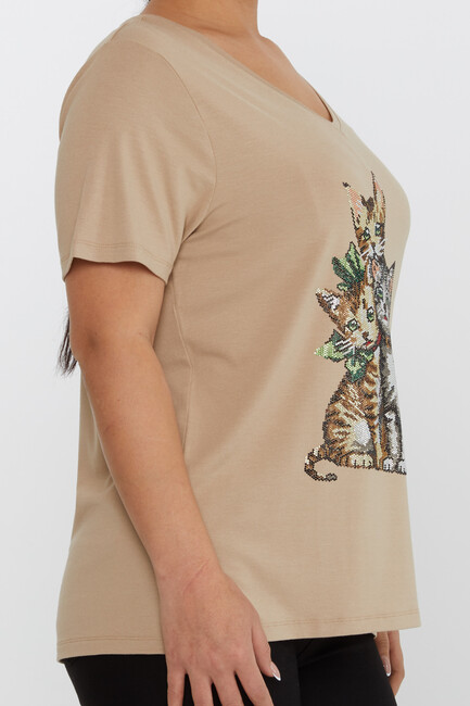 Women's Blouse V-Neck Cat Patterned Stoned Beige - 80103 | KAZEE - Thumbnail