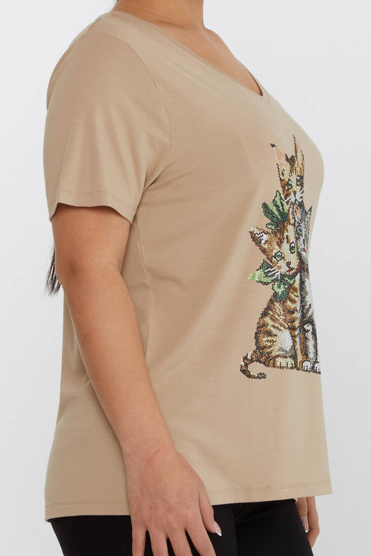 Women's Blouse V-Neck Cat Patterned Stoned Beige - 80103 | KAZEE