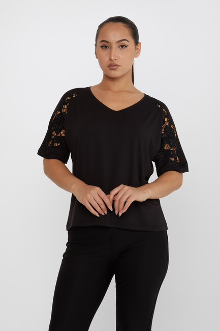 Women's Blouse V-Neck Embroidered Stone Black - 79092 | KAZEE - Thumbnail