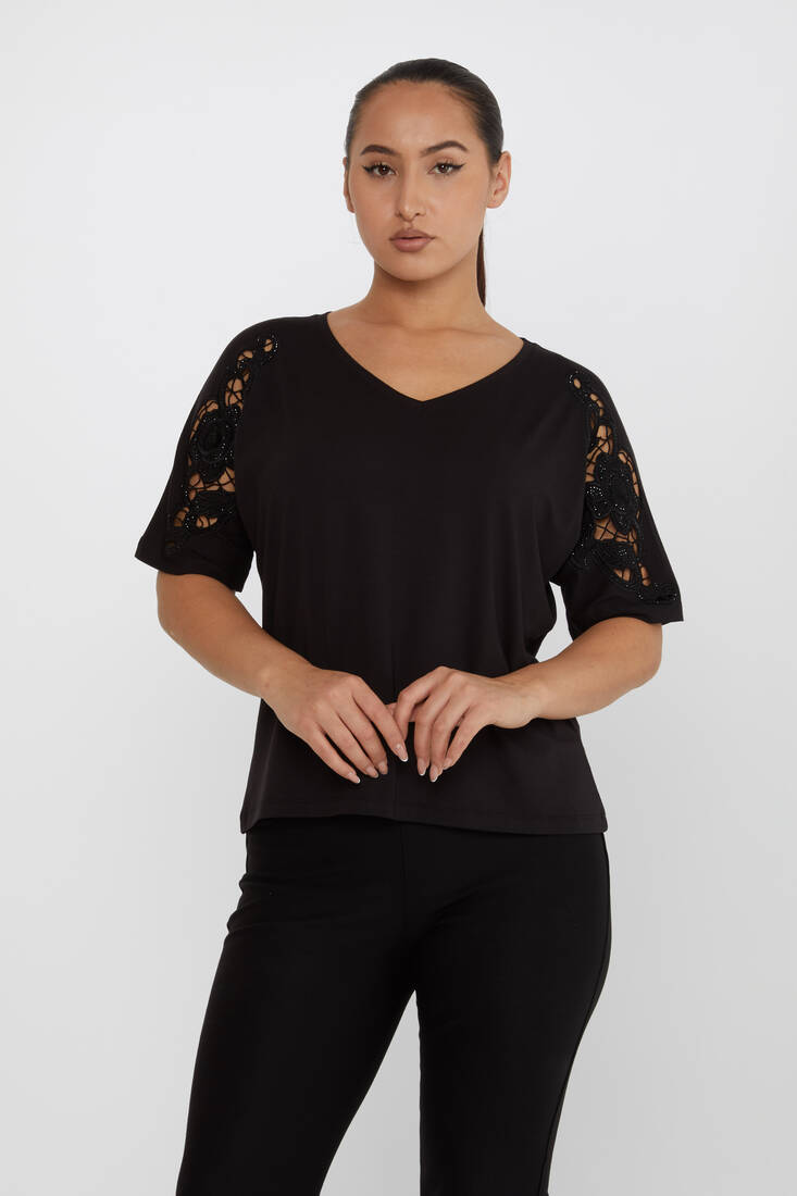 Women's Blouse V-Neck Embroidered Stone Black - 79092 | KAZEE