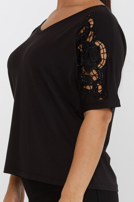 Women's Blouse V-Neck Embroidered Stone Black - 79092 | KAZEE - Thumbnail