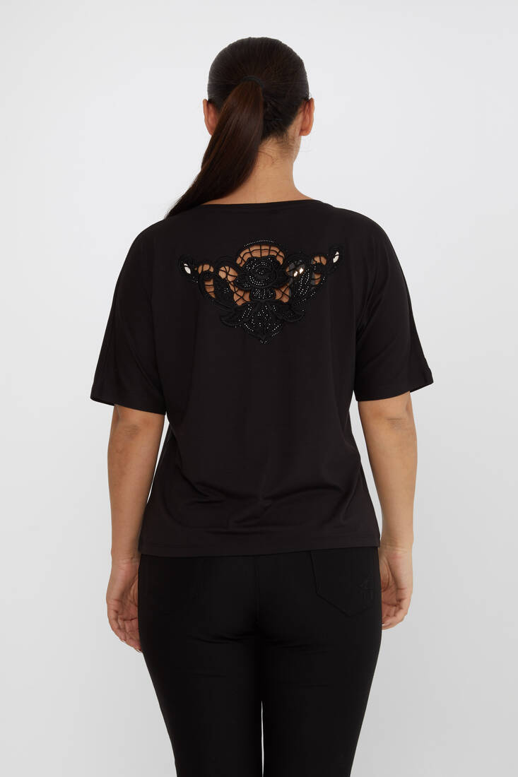 Women's Blouse V-Neck Embroidered Stone Black - 79092 | KAZEE