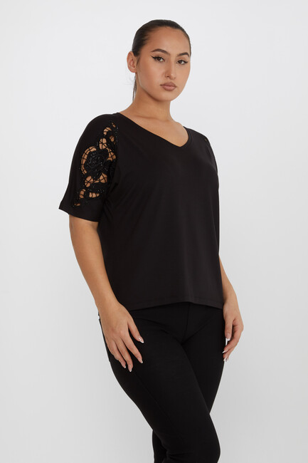 Women's Blouse V-Neck Embroidered Stone Black - 79092 | KAZEE - Thumbnail