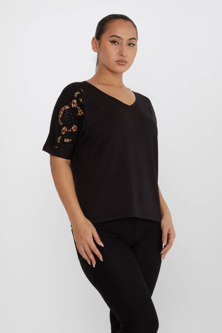 Women's Blouse V-Neck Embroidered Stone Black - 79092 | KAZEE