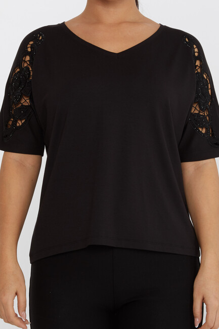 Women's Blouse V-Neck Embroidered Stone Black - 79092 | KAZEE - Thumbnail