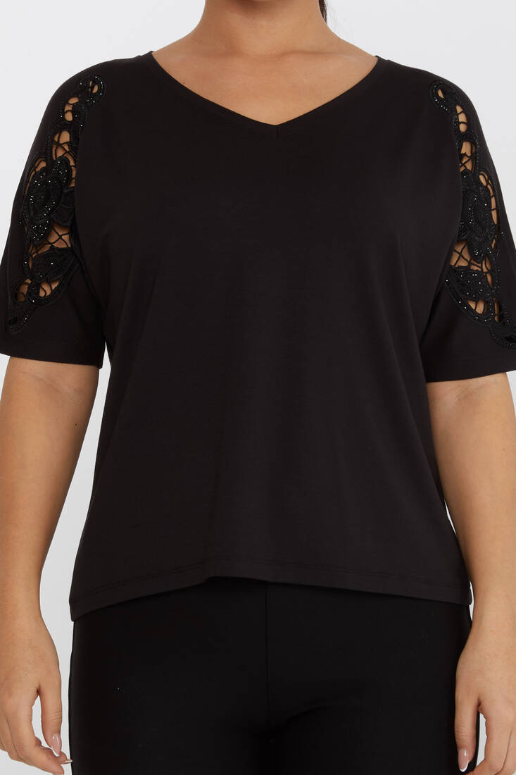 Women's Blouse V-Neck Embroidered Stone Black - 79092 | KAZEE