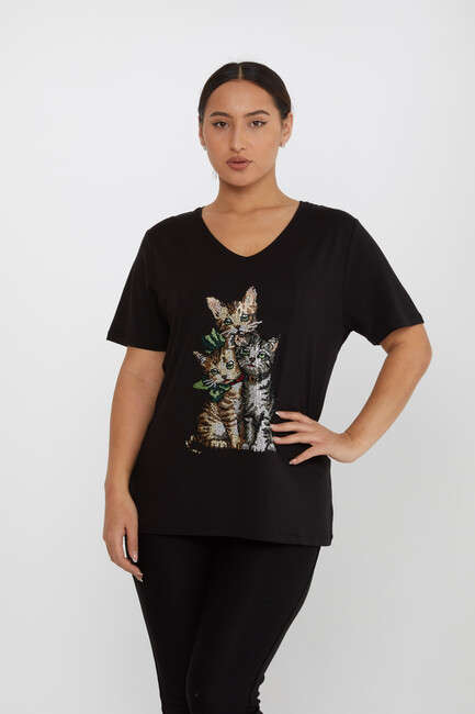 Women's Blouse V-Neck Cat Patterned Stoned Black - 80103 | KAZEE - Thumbnail