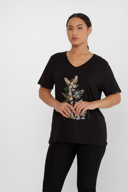 Women's Blouse V-Neck Cat Patterned Stoned Black - 80103 | KAZEE - Thumbnail