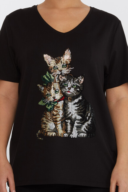 Women's Blouse V-Neck Cat Patterned Stoned Black - 80103 | KAZEE - Thumbnail