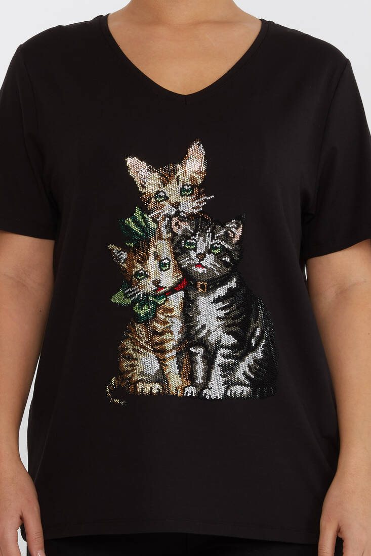 Women's Blouse V-Neck Cat Patterned Stoned Black - 80103 | KAZEE