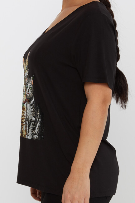 Women's Blouse V-Neck Cat Patterned Stoned Black - 80103 | KAZEE - Thumbnail