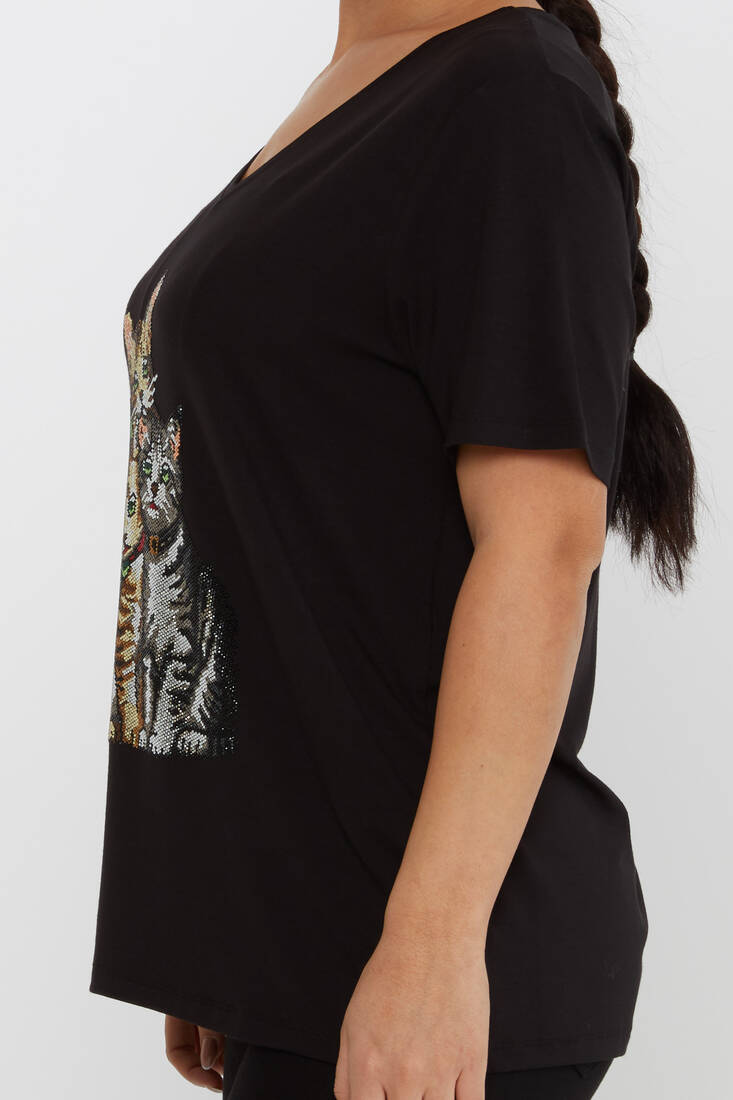 Women's Blouse V-Neck Cat Patterned Stoned Black - 80103 | KAZEE