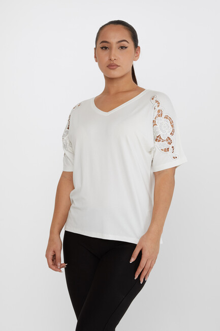 Women's Blouse V Neck Stone Embroidered Ecru - 79092 | KAZEE - Thumbnail