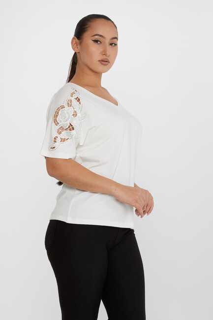 Women's Blouse V Neck Stone Embroidered Ecru - 79092 | KAZEE - Thumbnail