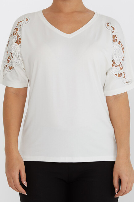 Women's Blouse V Neck Stone Embroidered Ecru - 79092 | KAZEE - Thumbnail